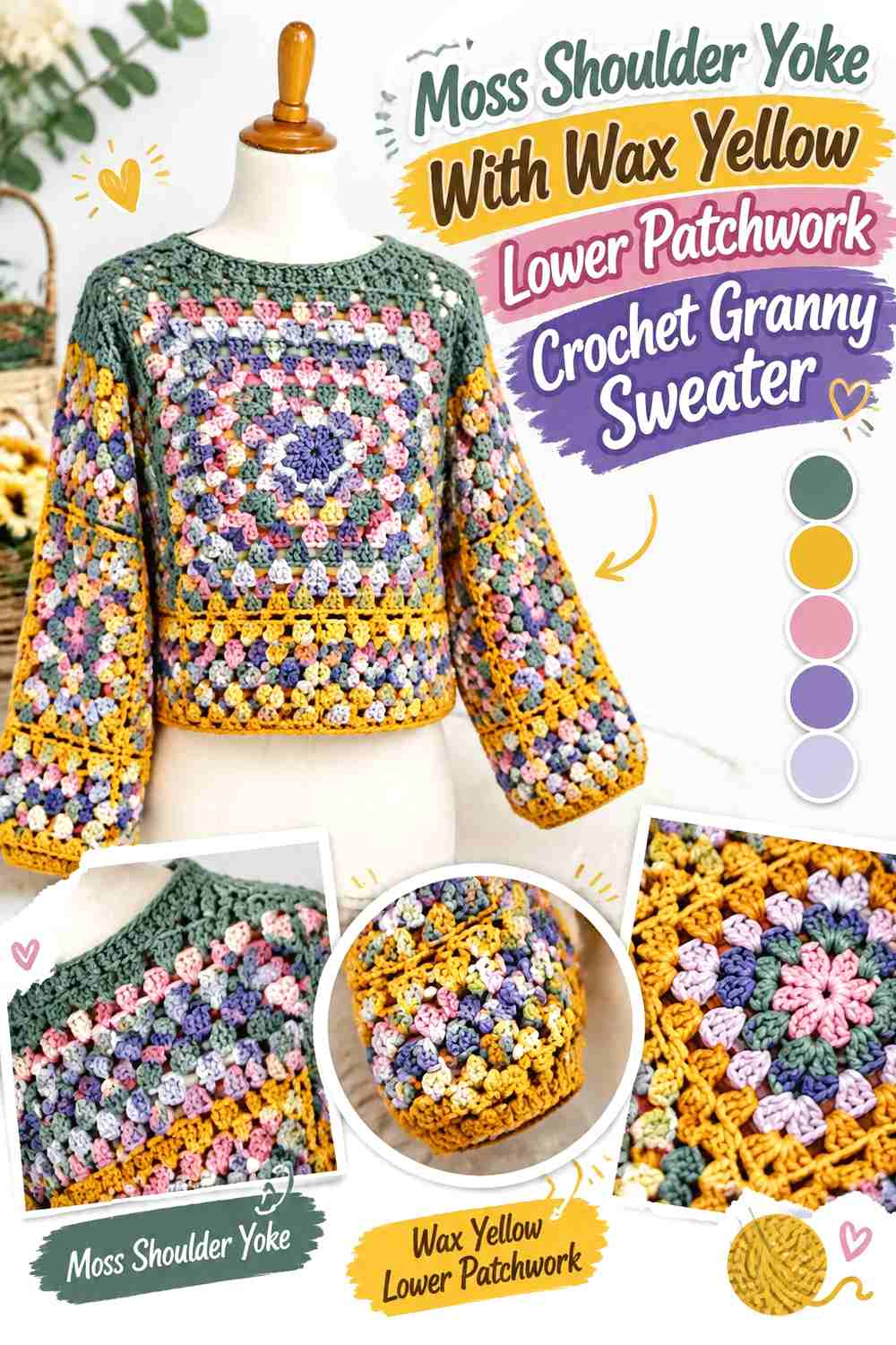 8. Moss Shoulder Yoke With Wax Yellow Lower Patchwork Crochet Granny Sweater