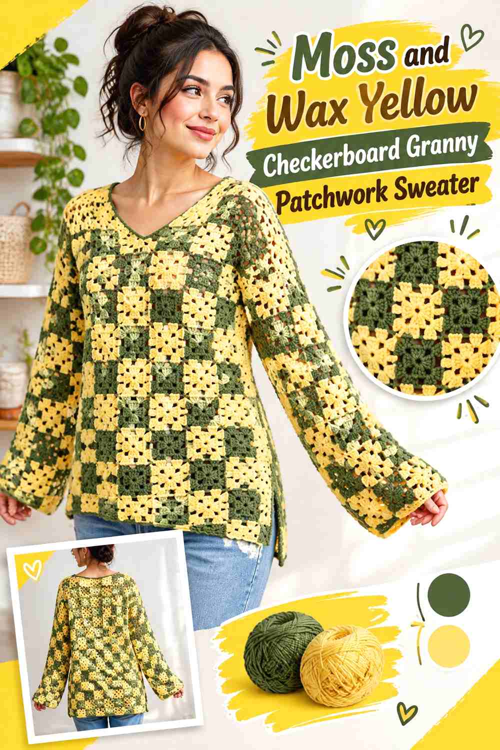 12. Moss and Wax Yellow Checkerboard Crochet Granny Patchwork Sweater