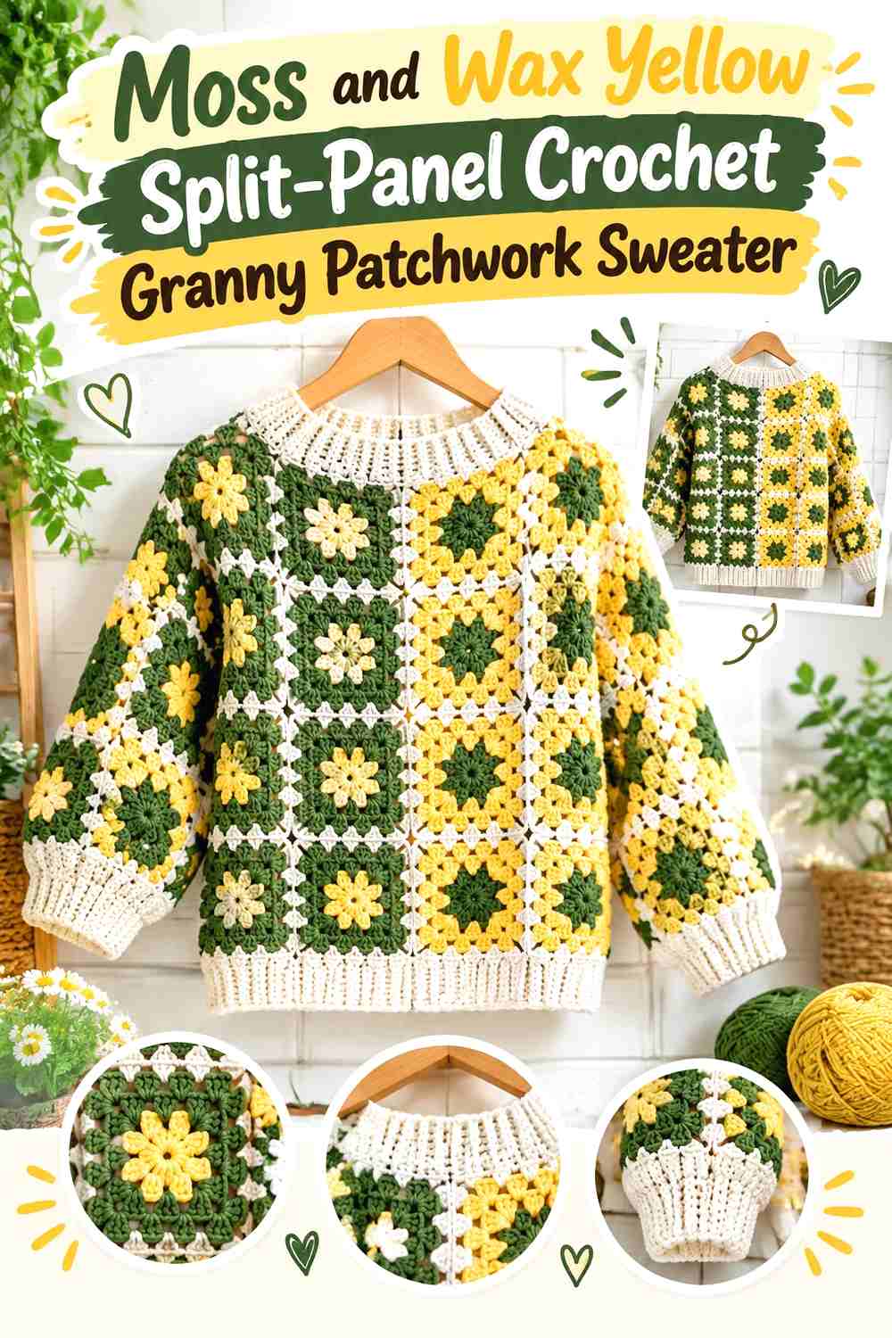 16. Moss and Wax Yellow Split-Panel Crochet Granny Patchwork Sweater