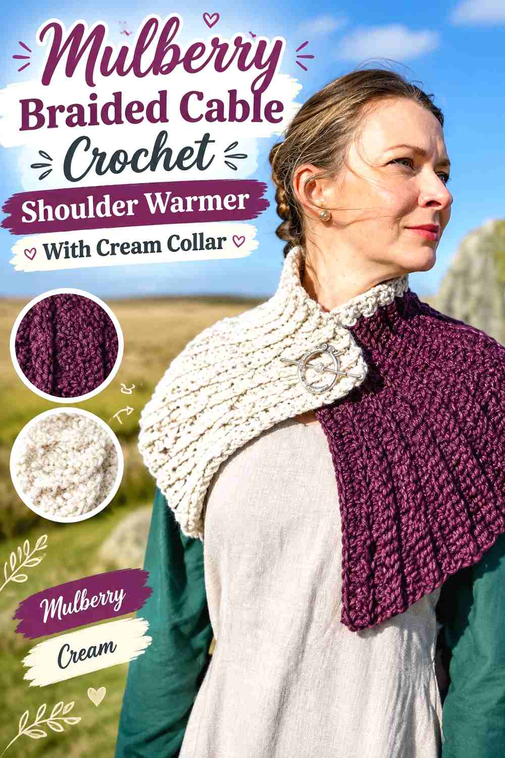 5. Mulberry Braided Cable Crochet Shoulder Warmer With Cream Collar