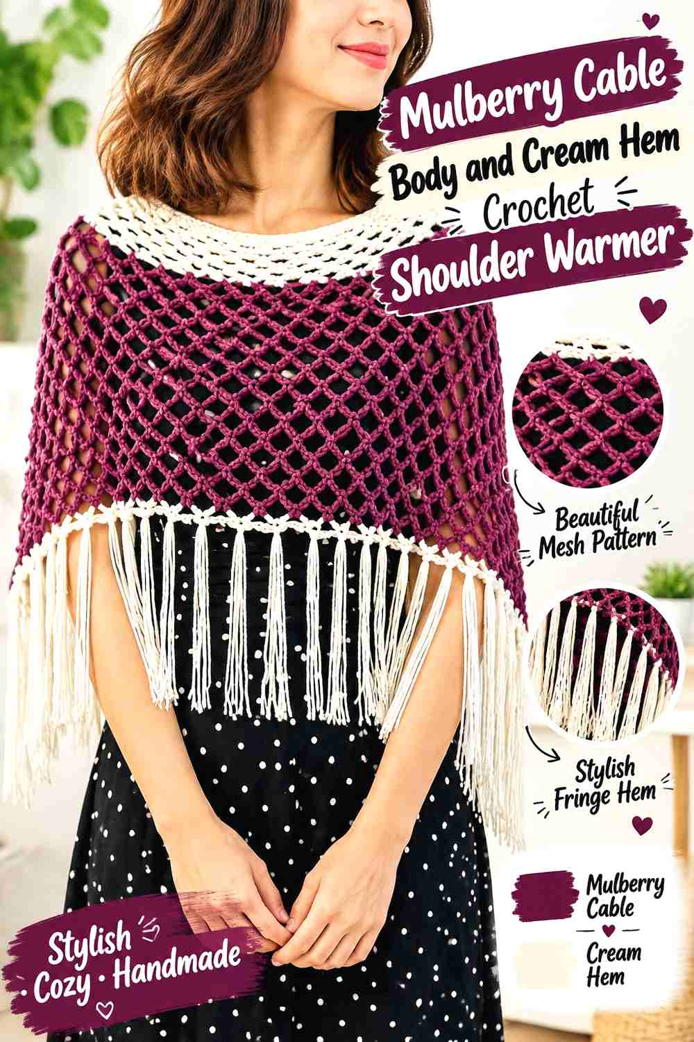 15. Mulberry Cable Body and Cream Hem Crochet Shoulder Warmer