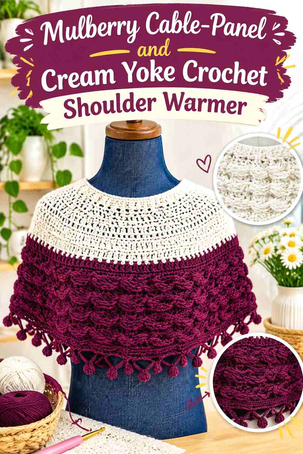 1. Mulberry Cable-Panel and Cream Yoke Crochet Shoulder Warmer