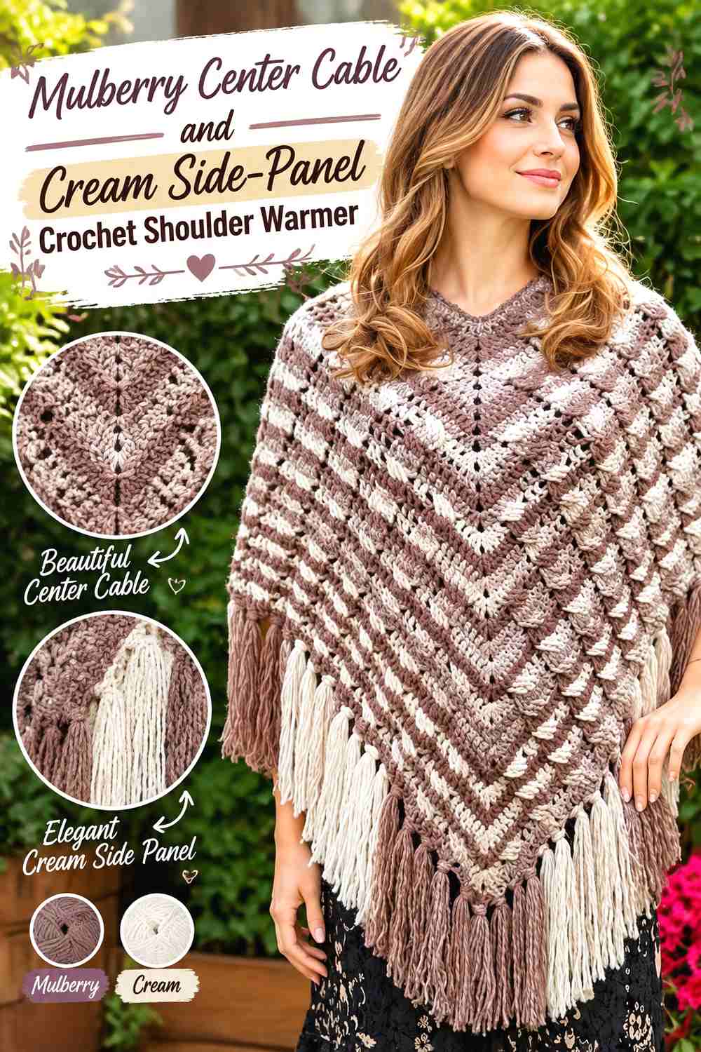 3. Mulberry Center Cable and Cream Side-Panel Crochet Shoulder Warmer