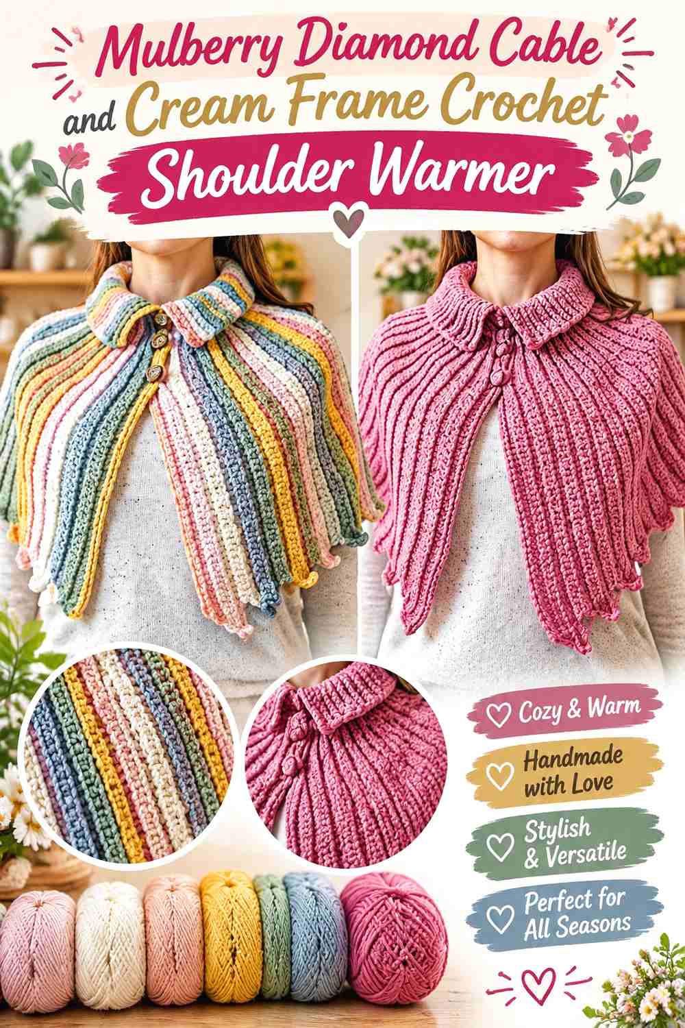 9. Mulberry Diamond Cable and Cream Frame Crochet Shoulder Warmer