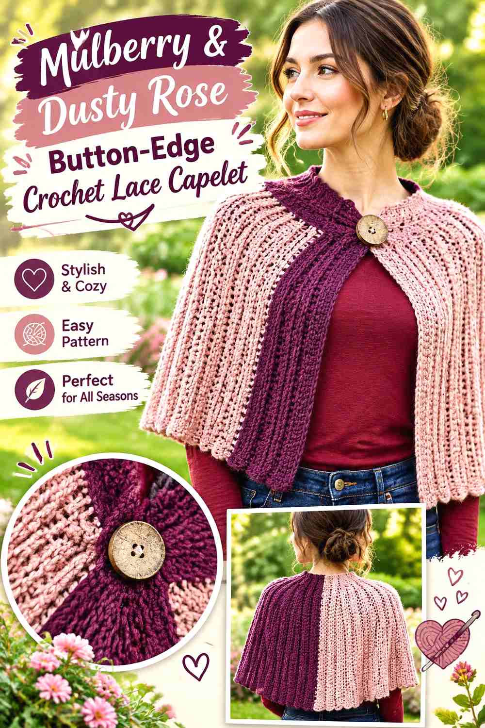 8. Mulberry & Dusty Rose Button-Edge Crochet Lace Capelet