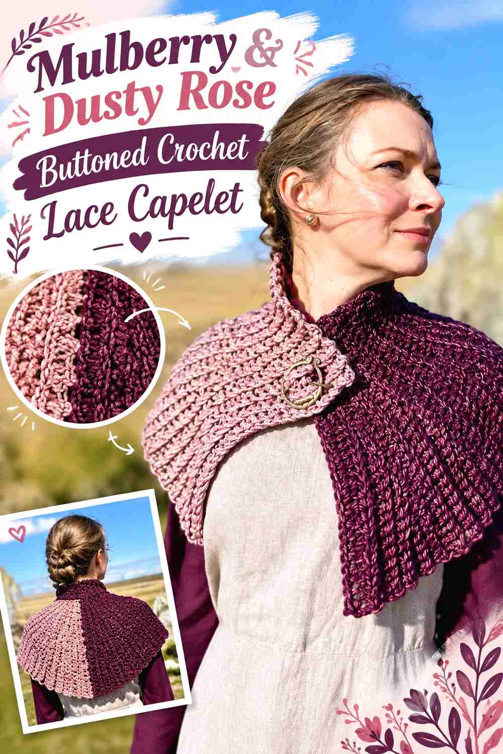 2. Mulberry & Dusty Rose Buttoned Crochet Lace Capelet