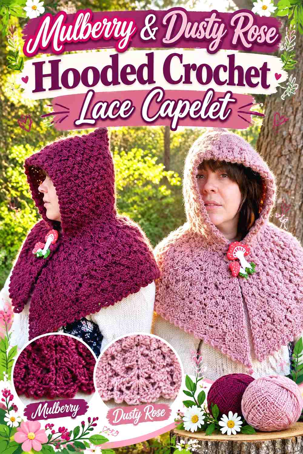 5. Mulberry & Dusty Rose Hooded Crochet Lace Capelet