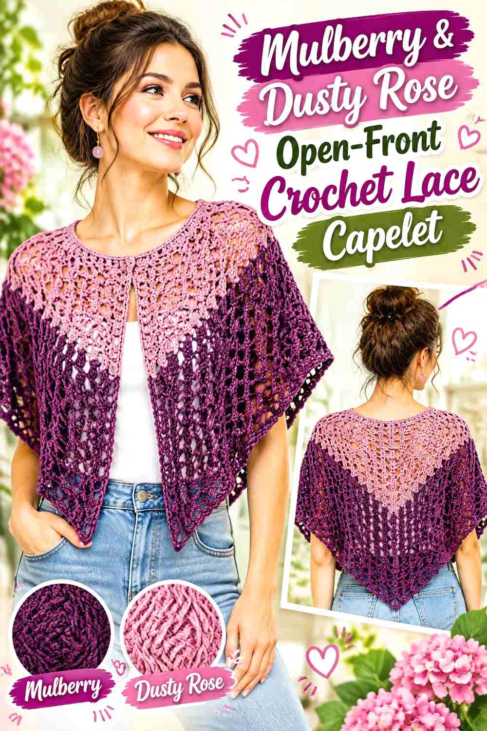 13. Mulberry & Dusty Rose Open-Front Crochet Lace Capelet