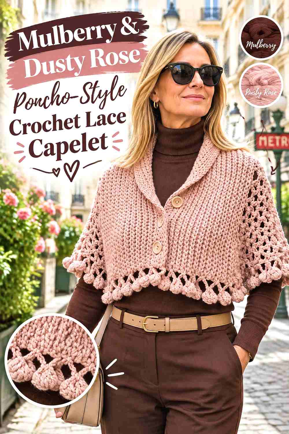 14. Mulberry & Dusty Rose Poncho-Style Crochet Lace Capelet