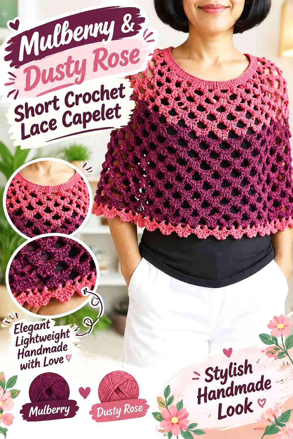 12. Mulberry & Dusty Rose Short Crochet Lace Capelet