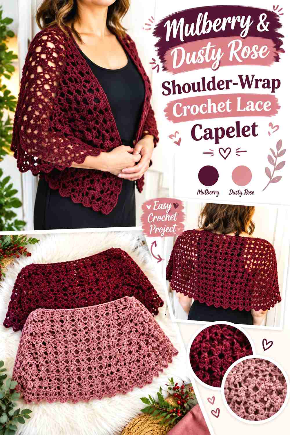 15. Mulberry & Dusty Rose Shoulder-Wrap Crochet Lace Capelet