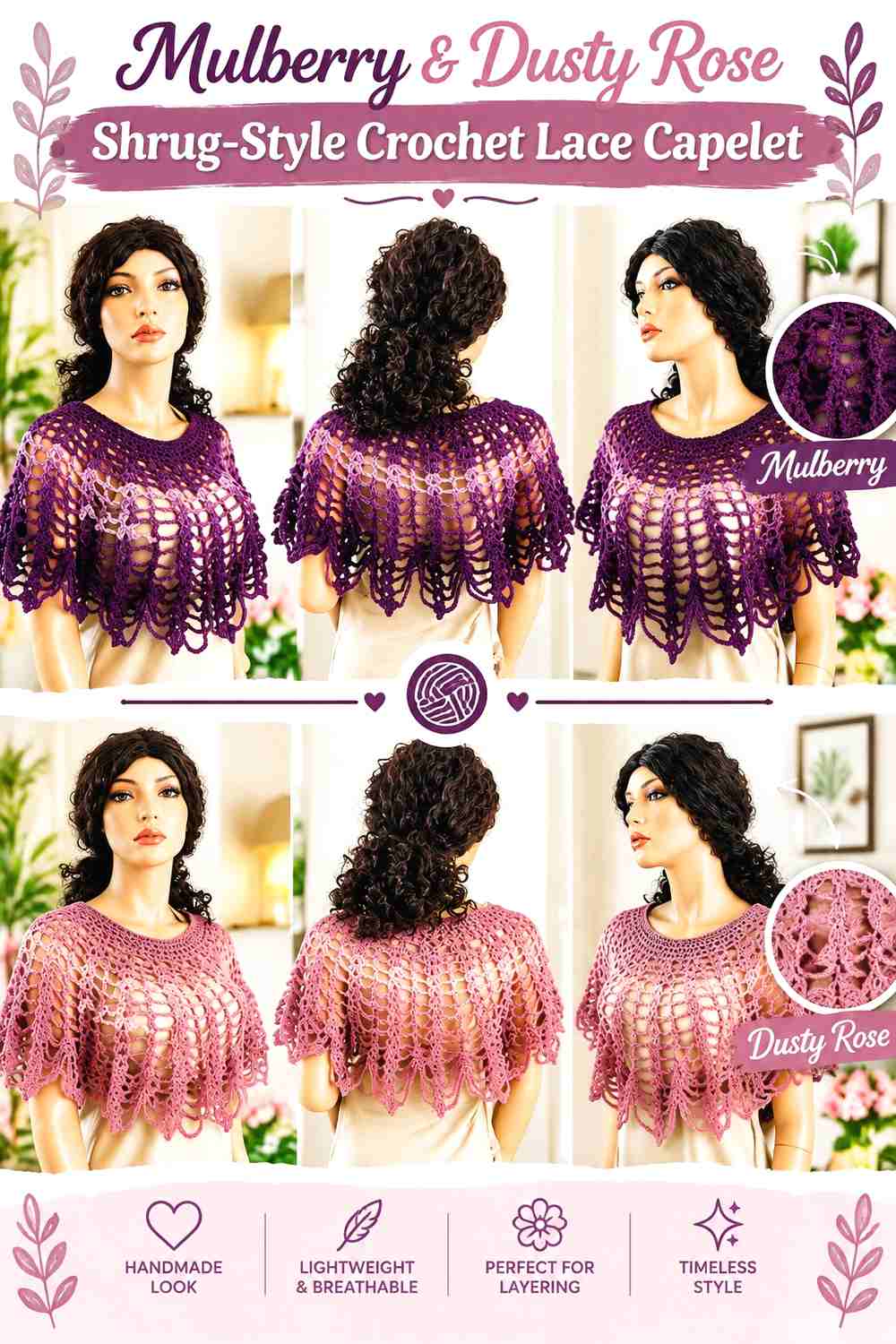 9. Mulberry & Dusty Rose Shrug-Style Crochet Lace Capelet