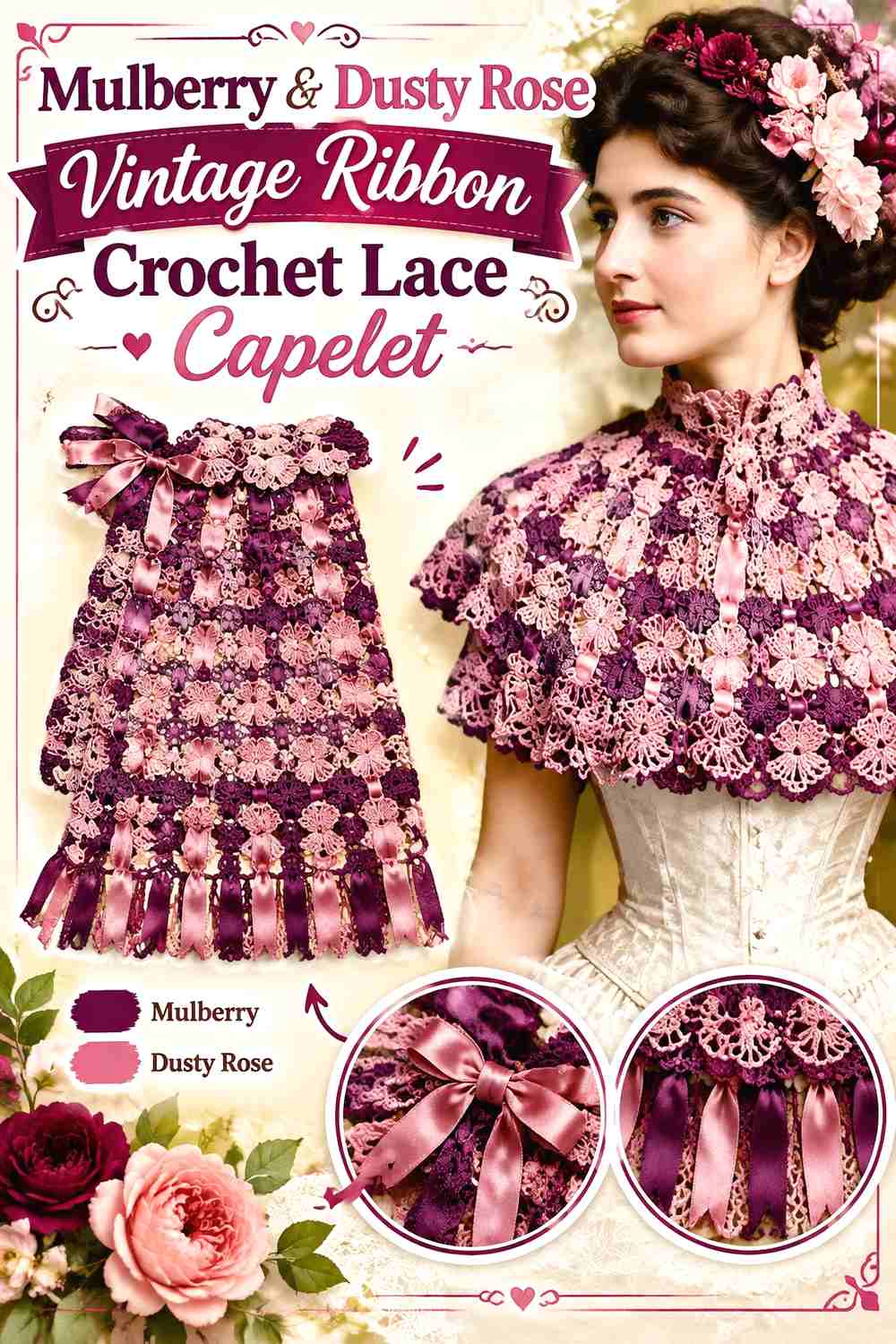 4. Mulberry & Dusty Rose Vintage Ribbon Crochet Lace Capelet