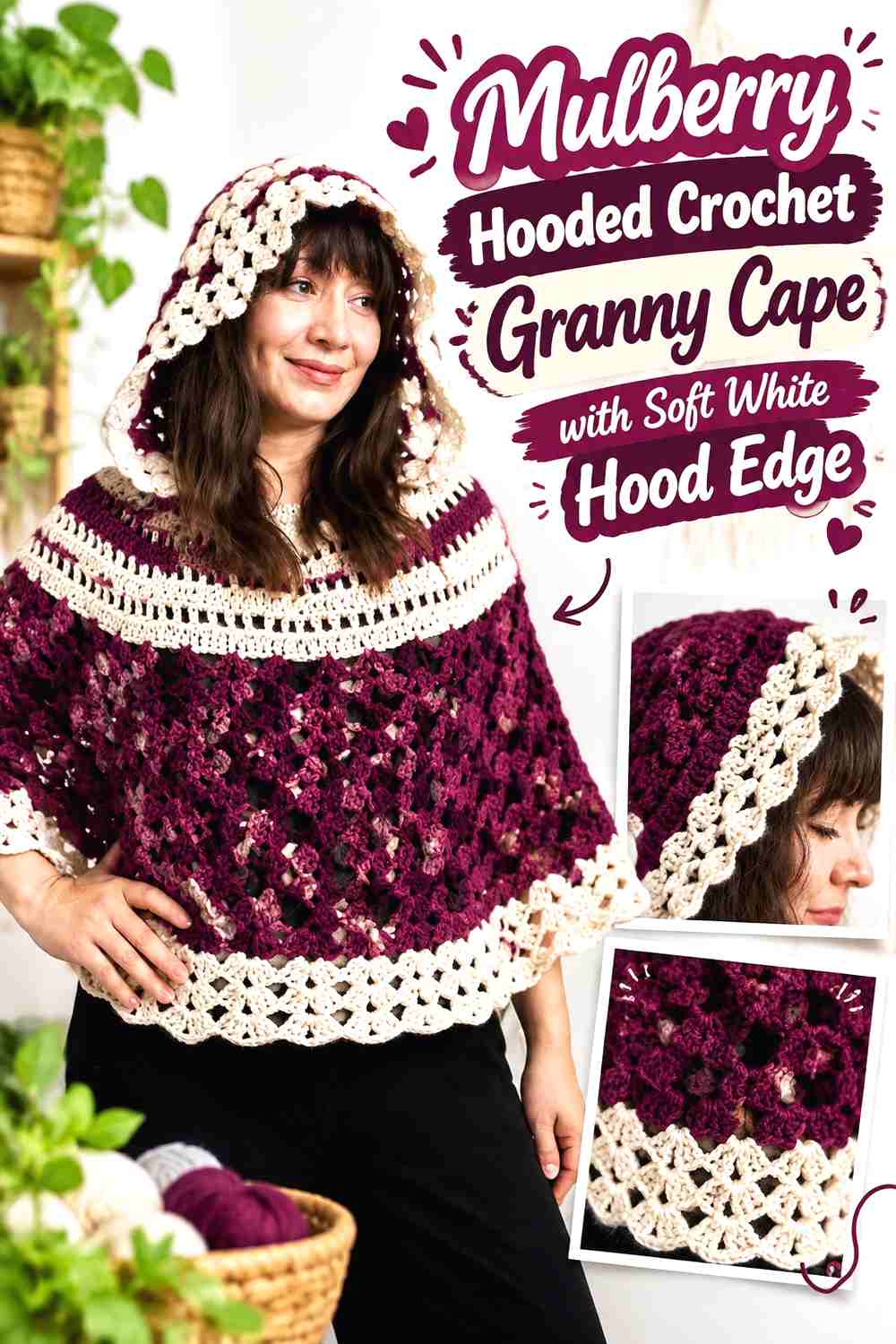 9. Mulberry Hooded Crochet Granny Cape with Soft White Hood Edge