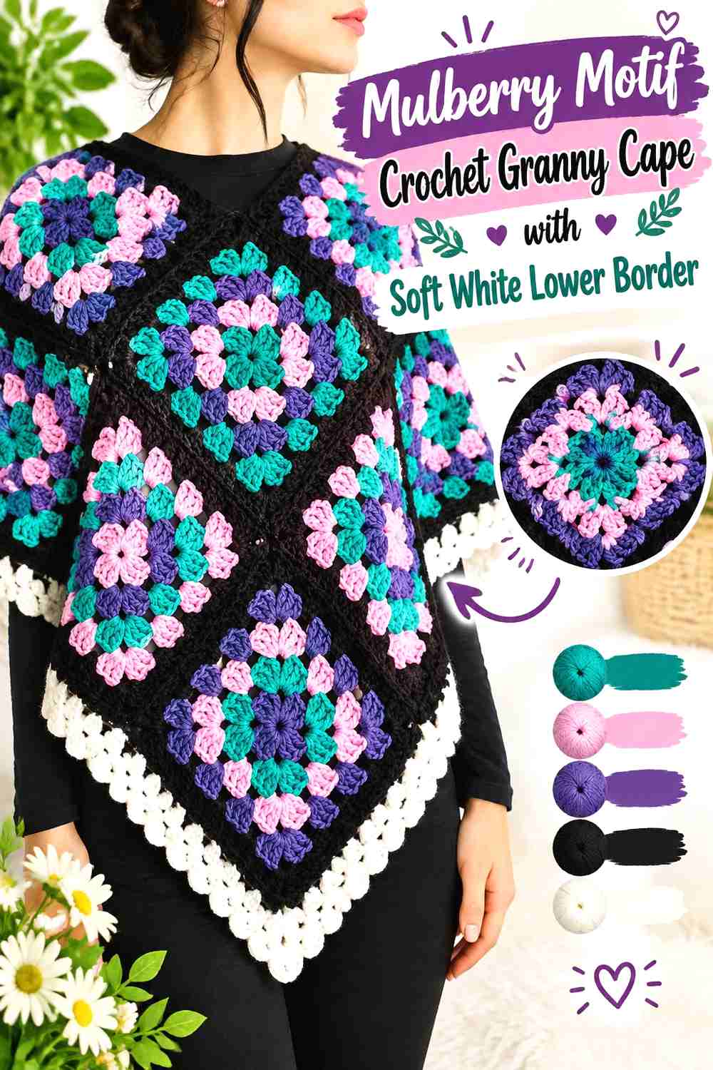 13. Mulberry Motif Crochet Granny Cape with Soft White Lower Border