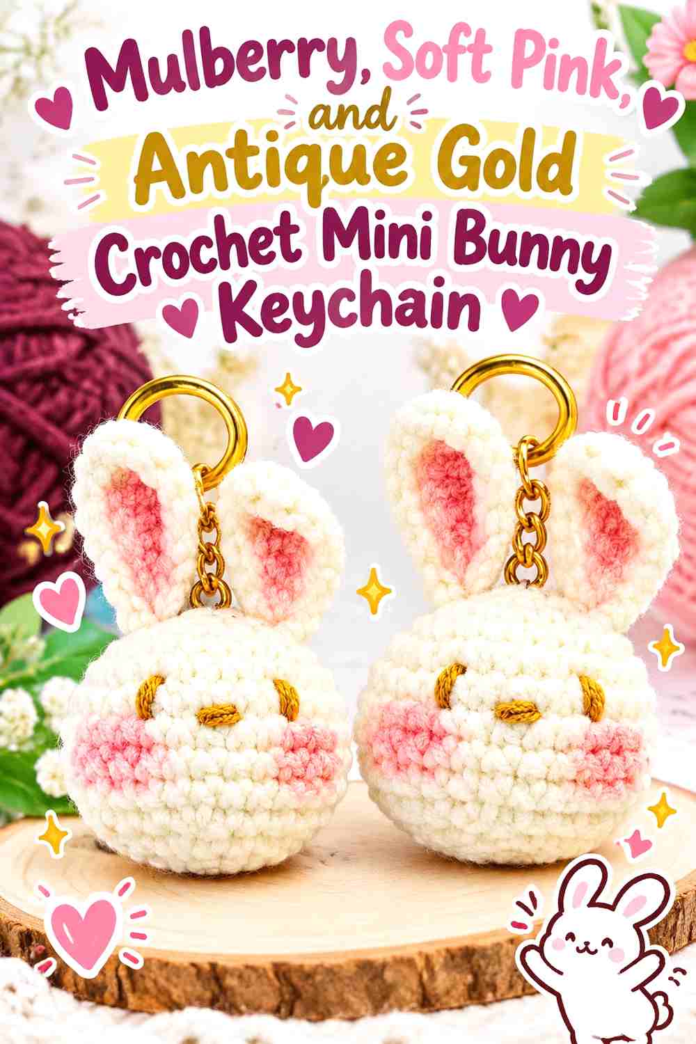15. Mulberry, Soft Pink, and Antique Gold Crochet Mini Bunny Keychain