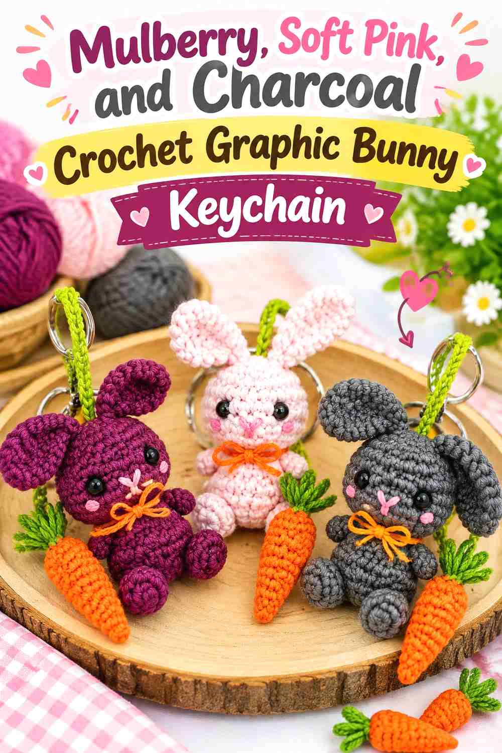 7. Mulberry, Soft Pink, and Charcoal Crochet Graphic Bunny Keychain