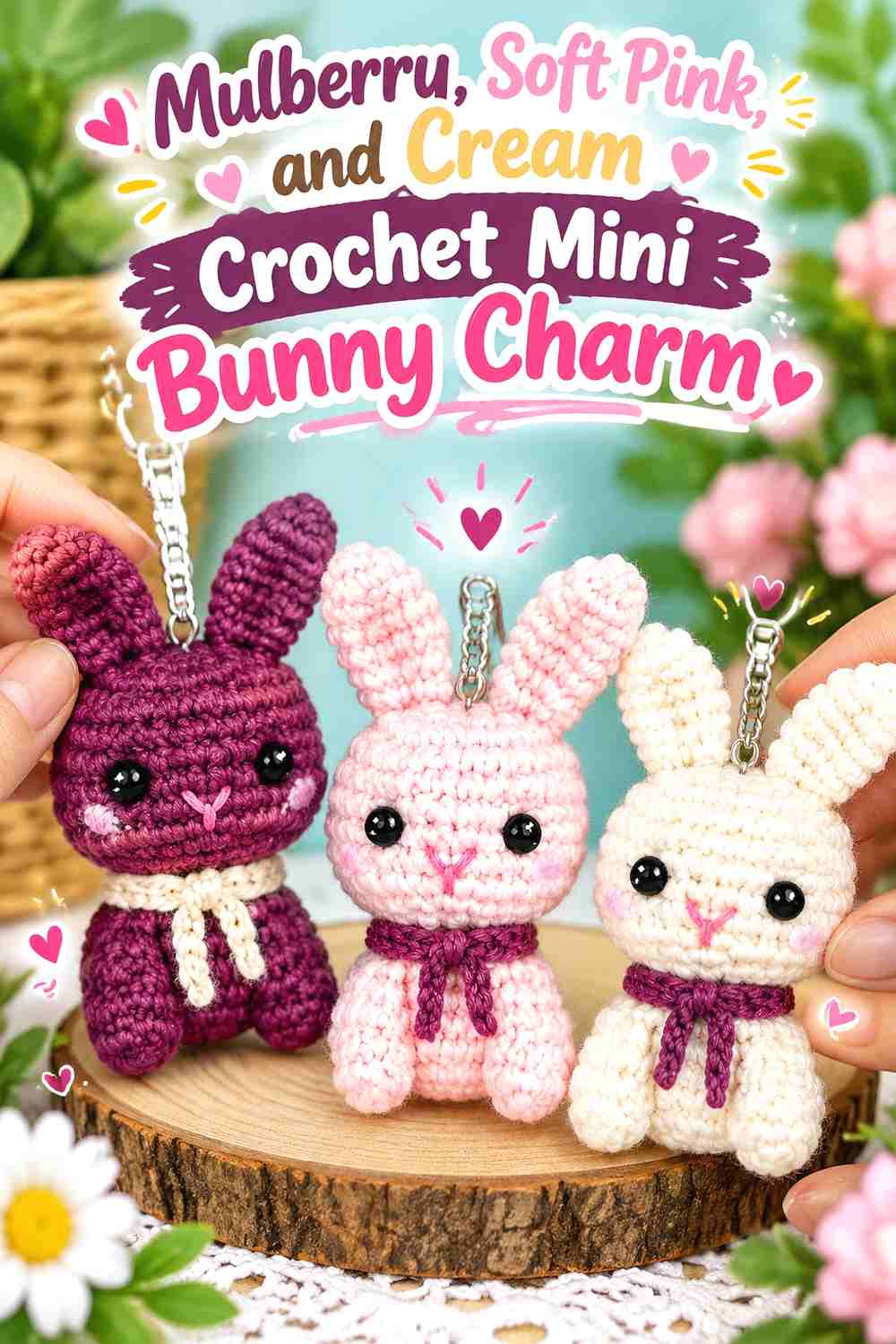 1. Mulberry, Soft Pink, and Cream Crochet Mini Bunny Charm