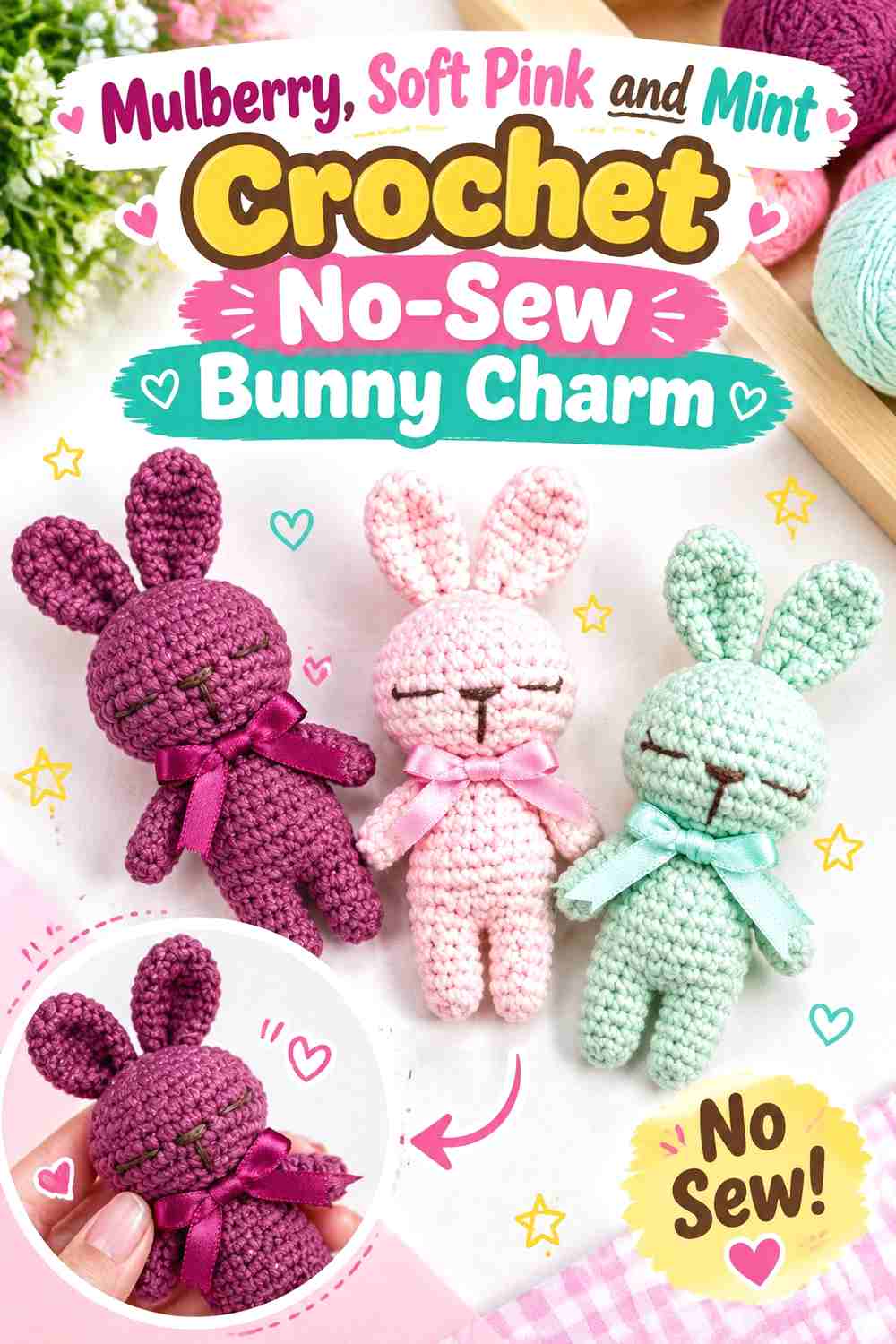9. Mulberry, Soft Pink, and Mint Crochet No-Sew Bunny Charm
