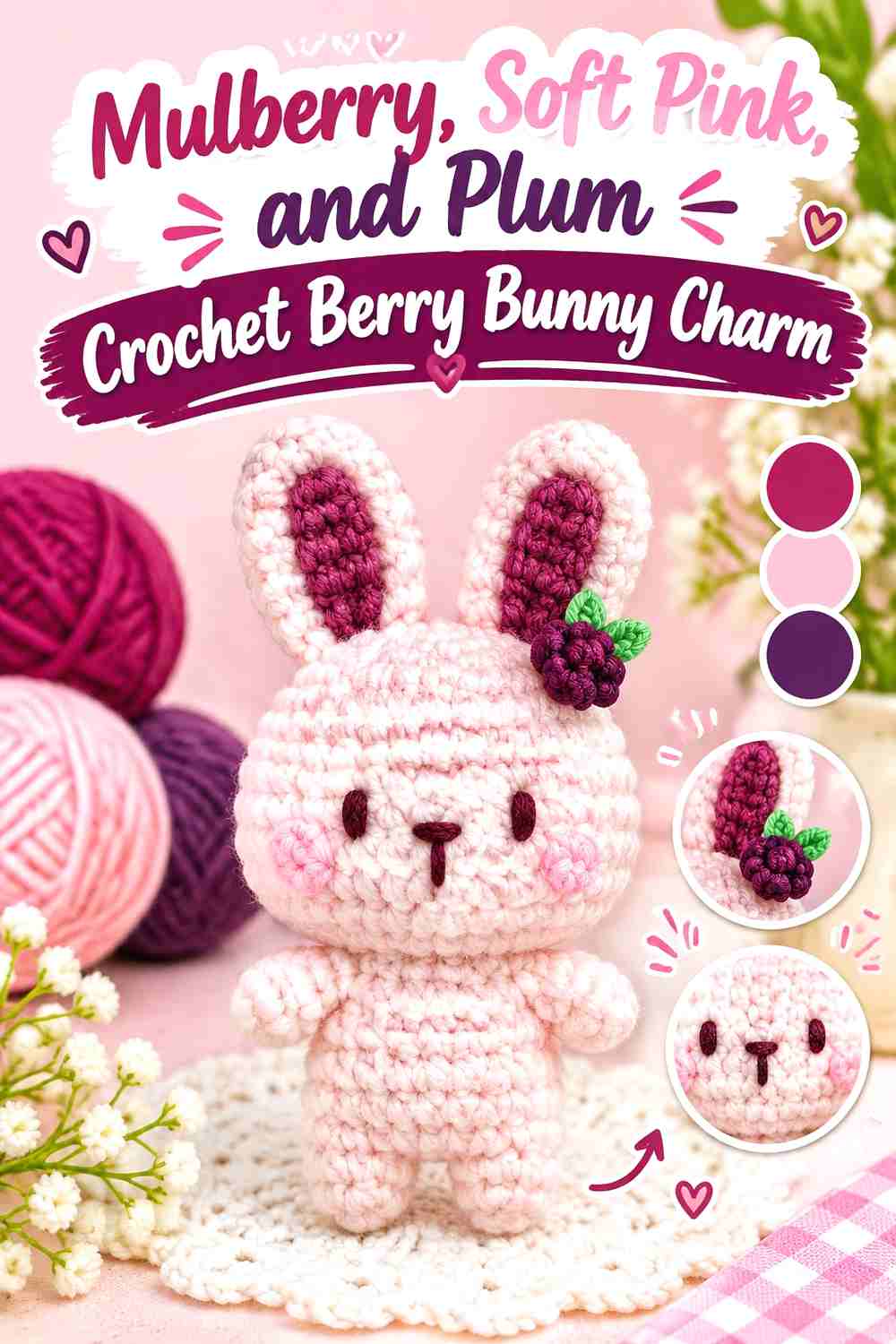 10. Mulberry, Soft Pink, and Plum Crochet Berry Bunny Charm