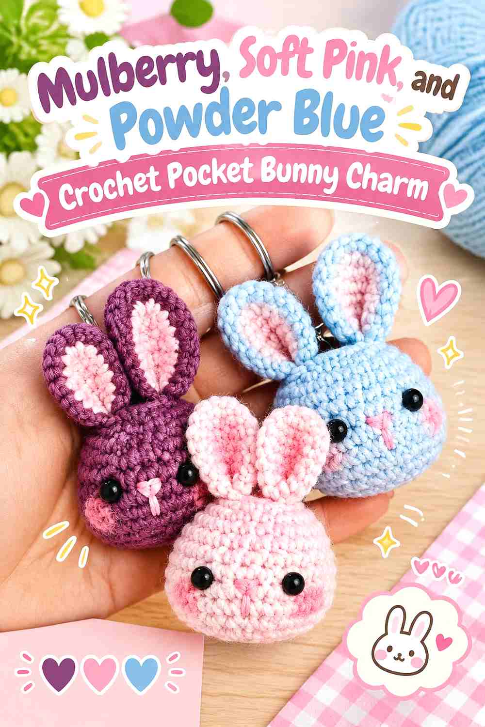 5. Mulberry, Soft Pink, and Powder Blue Crochet Pocket Bunny Charm