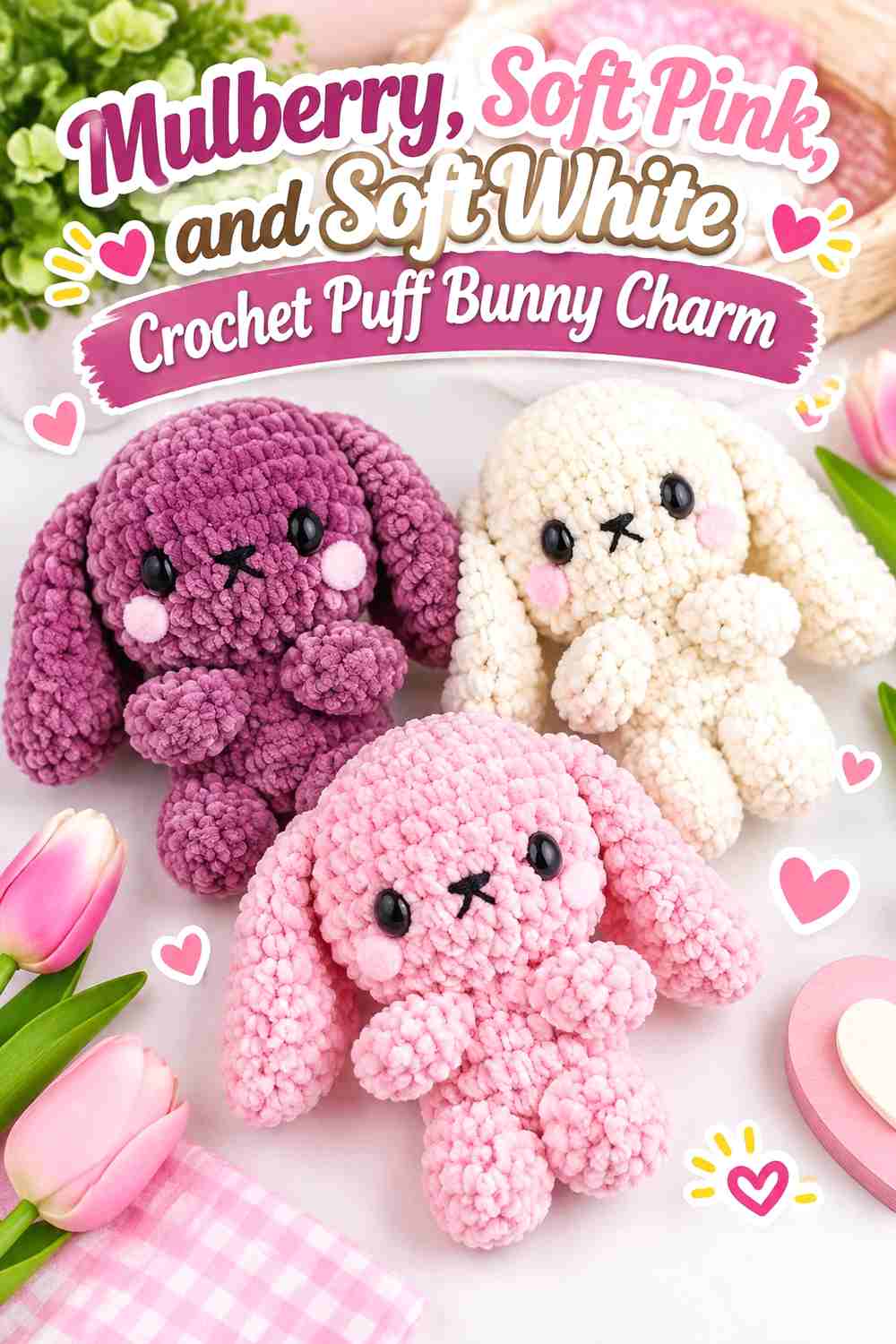 14. Mulberry, Soft Pink, and Soft White Crochet Puff Bunny Charm