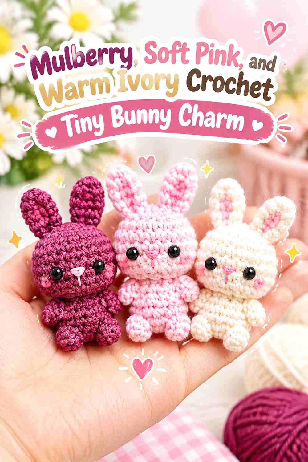 11. Mulberry, Soft Pink, and Warm Ivory Crochet Tiny Bunny Charm
