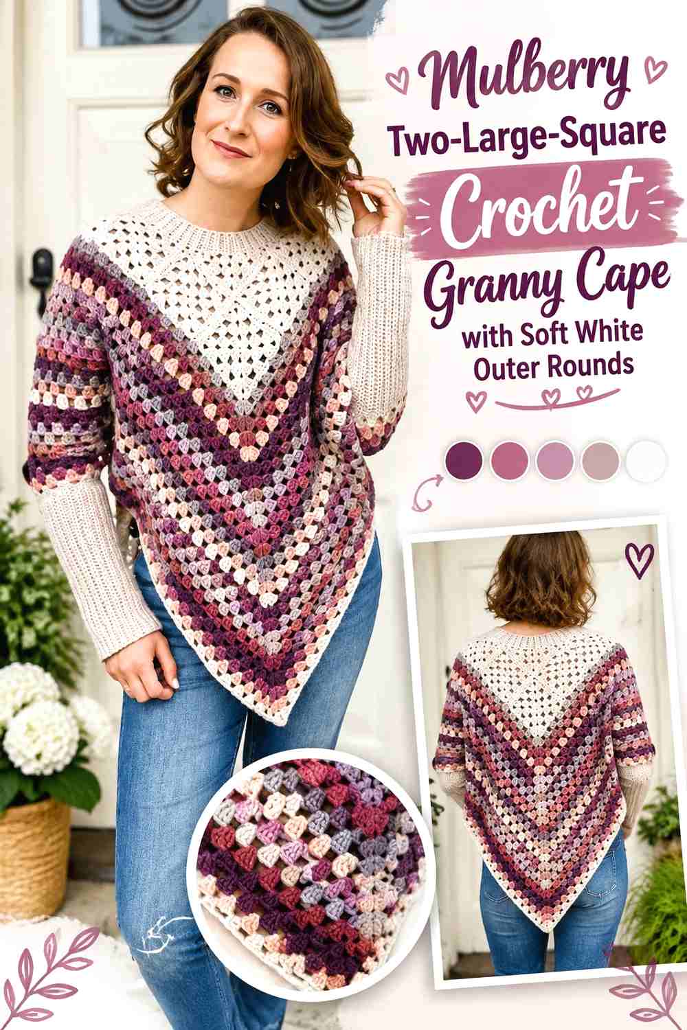 4. Mulberry Two-Large-Square Crochet Granny Cape with Soft White Outer Rounds