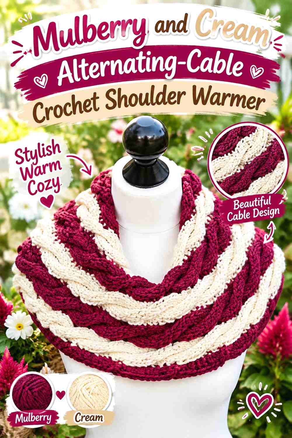 13. Mulberry and Cream Alternating-Cable Crochet Shoulder Warmer