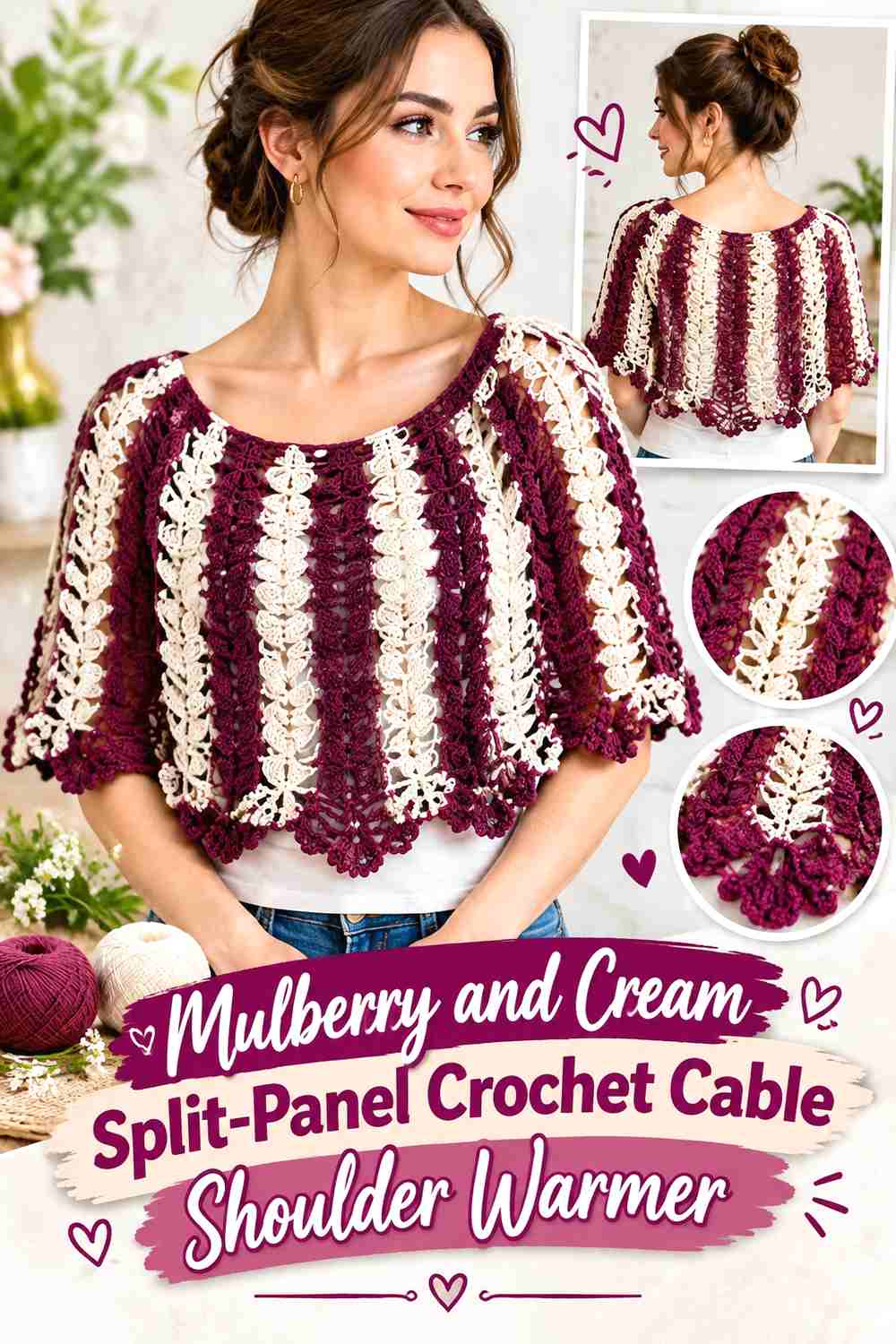 14. Mulberry and Cream Split-Panel Crochet Cable Shoulder Warmer