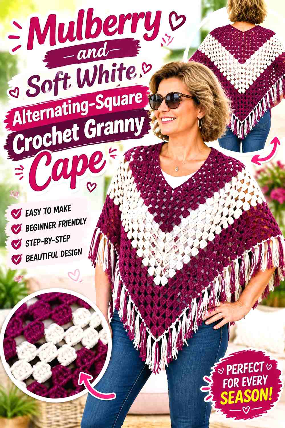 17. Mulberry and Soft White Alternating-Square Crochet Granny Cape