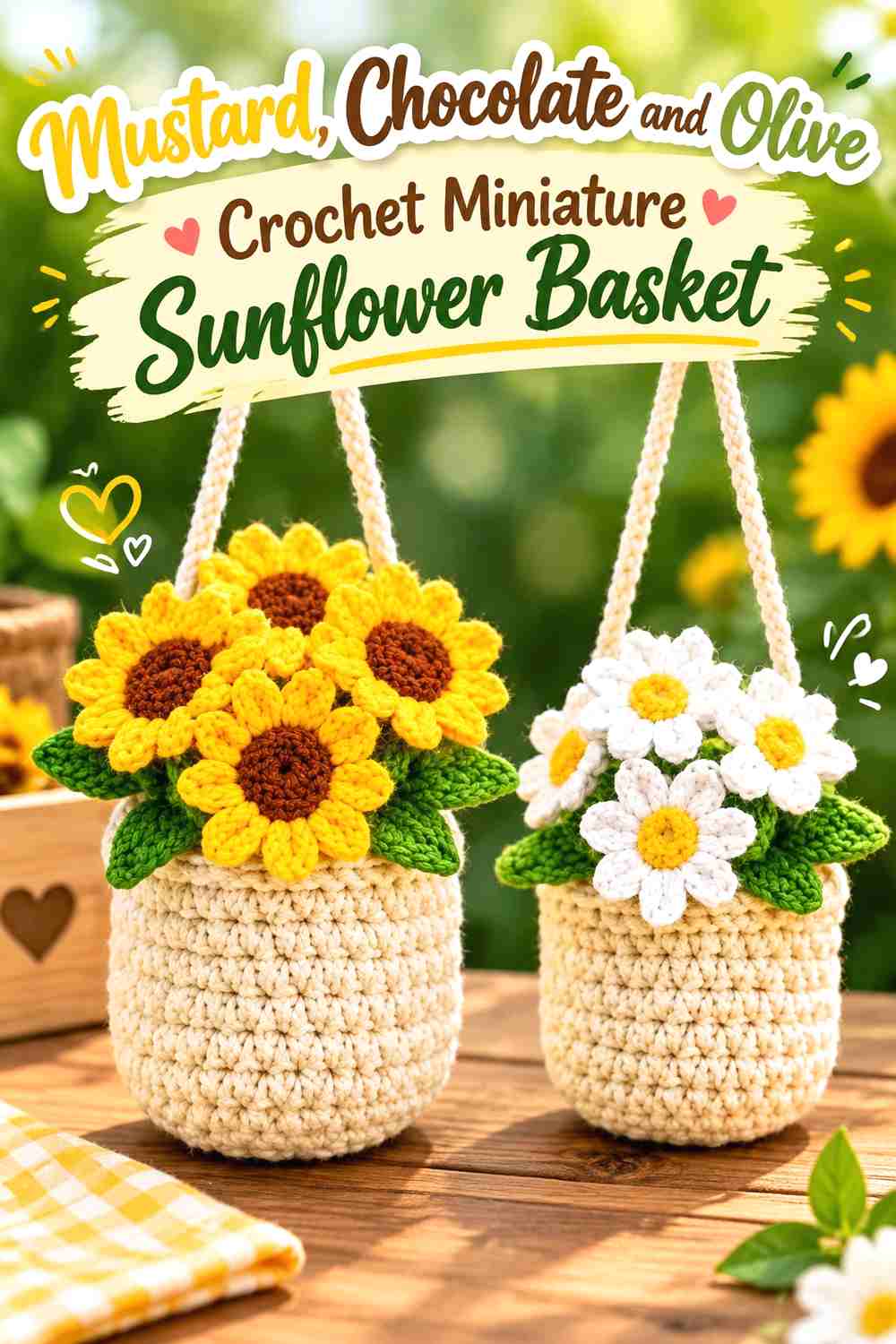 3. Mustard Chocolate And Olive Crochet Miniature Sunflower Basket