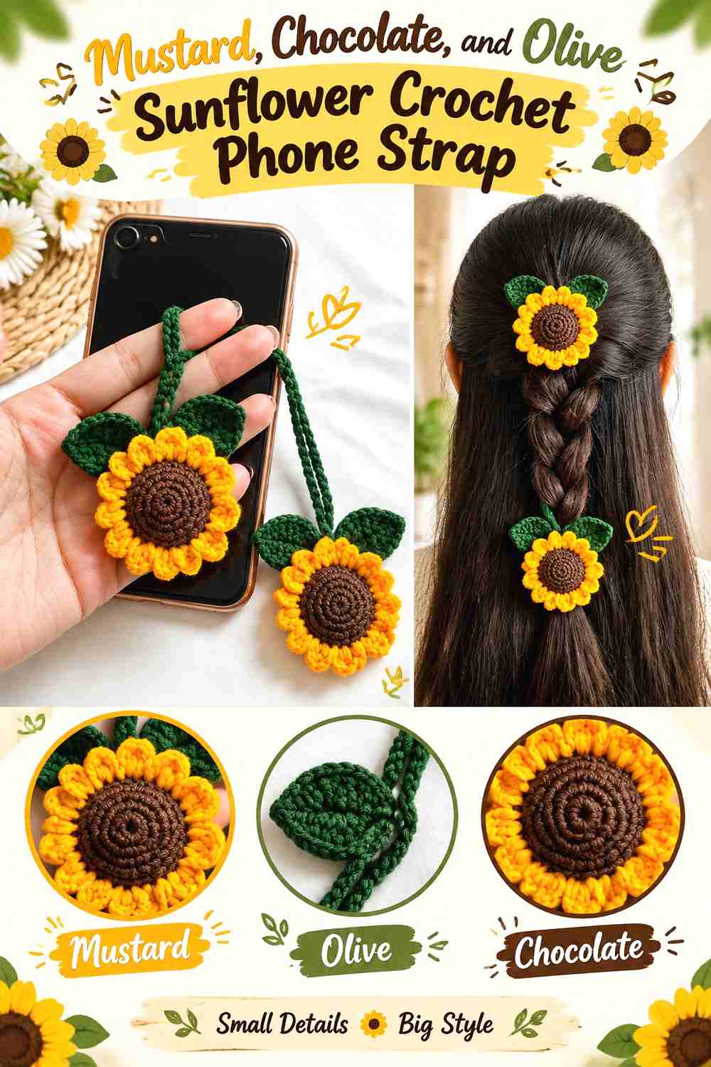 7. Mustard Chocolate And Olive Sunflower Crochet Phone Strap
