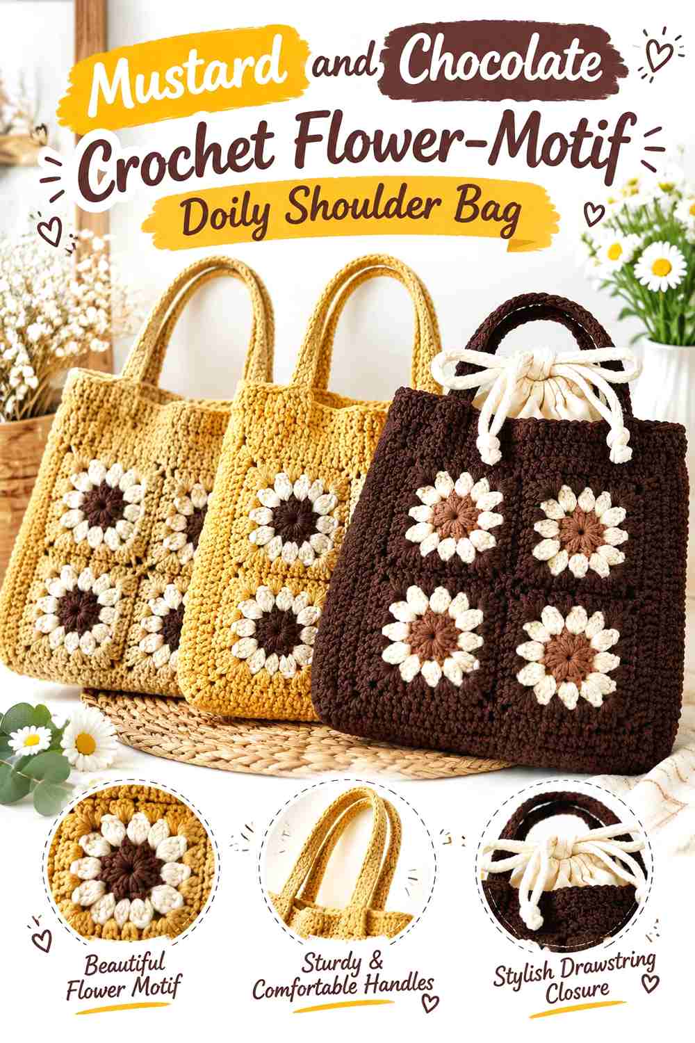 4. Mustard And Chocolate Crochet Flower Motif Doily Shoulder Bag