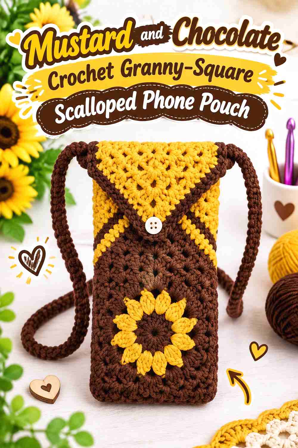 5. Mustard And Chocolate Crochet Granny Square Scalloped Phone Pouch