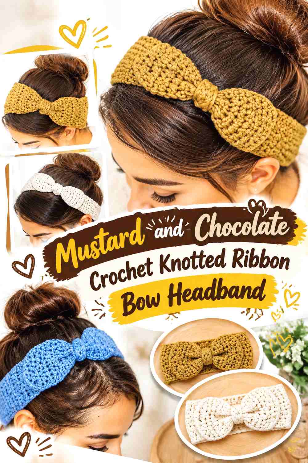 4. Mustard And Chocolate Crochet Knotted Ribbon Bow Headband
