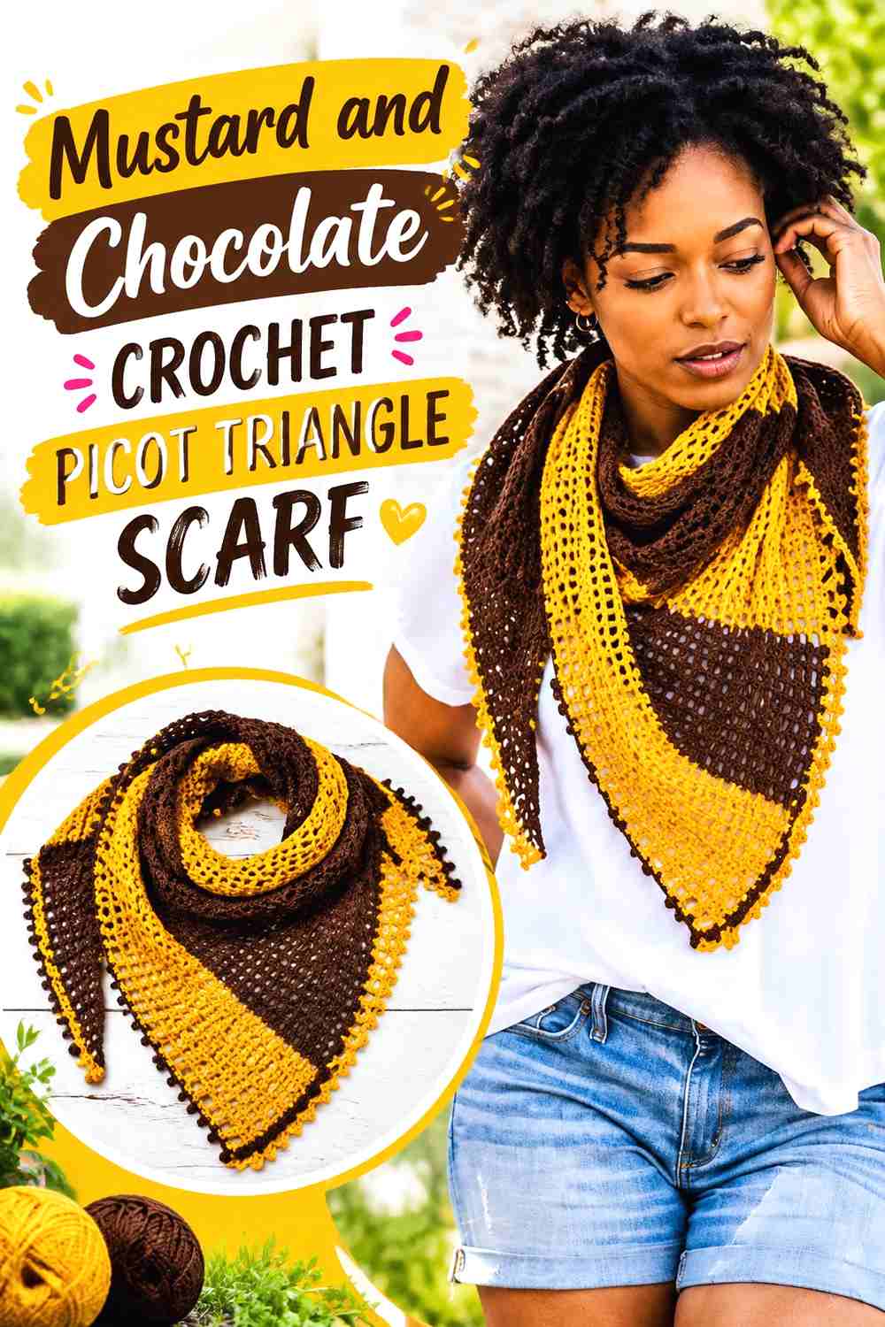 10. Mustard And Chocolate Crochet Picot Triangle Scarf