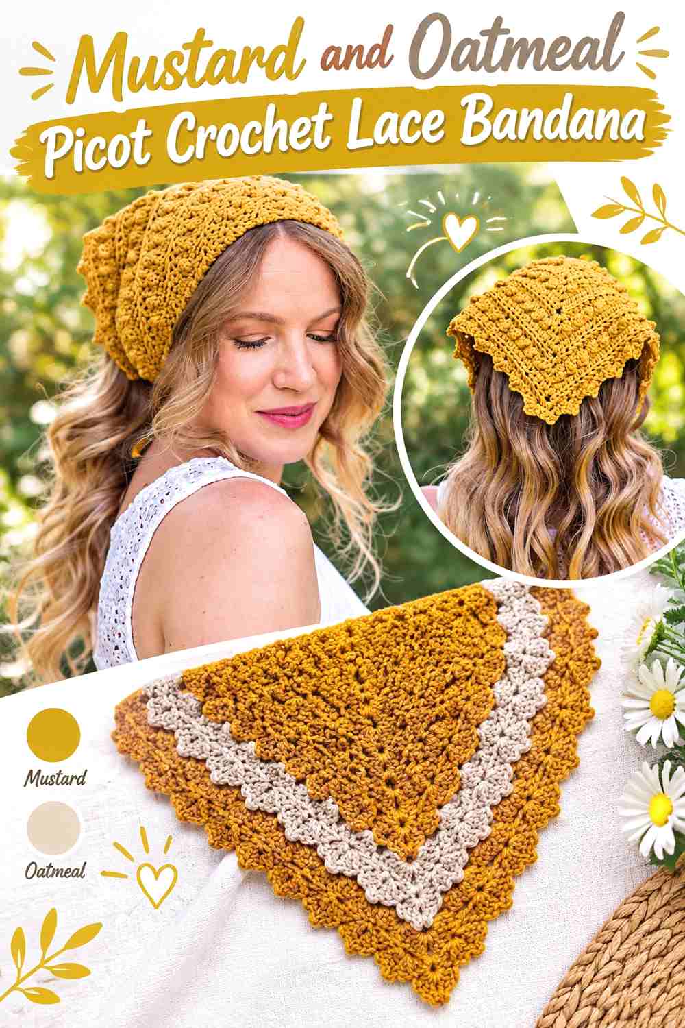 10. Mustard And Oatmeal Picot Crochet Lace Bandana