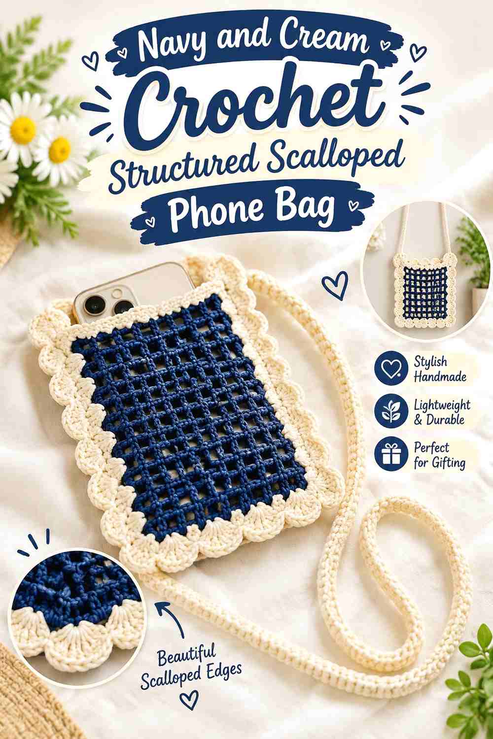 8. Navy And Cream Crochet Structured Scalloped Phone Bag