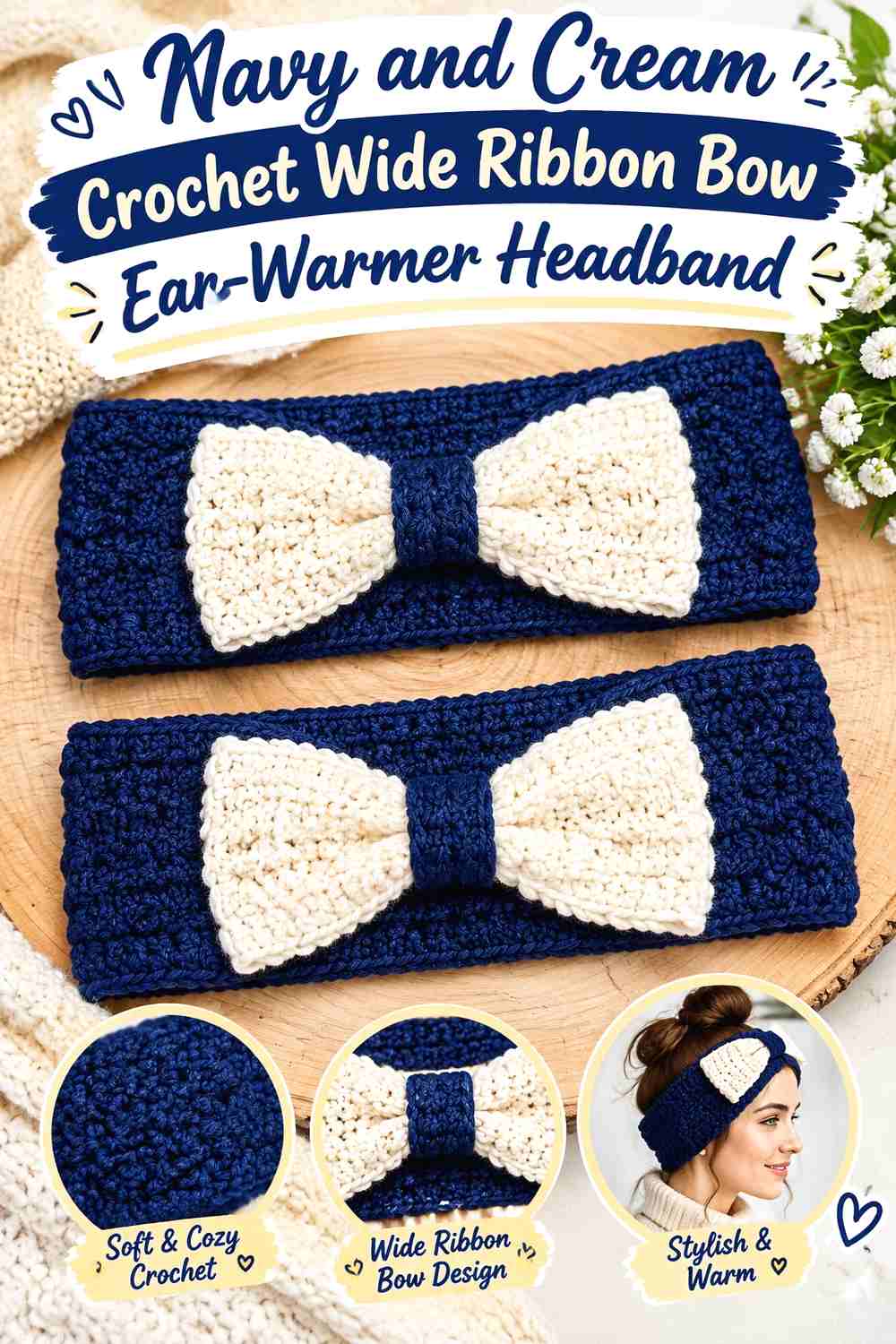 3. Navy And Cream Crochet Wide Ribbon Bow Ear Warmer Headband