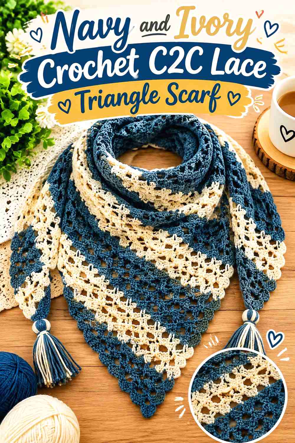 7. Navy And Ivory Crochet C2c Lace Triangle Scarf