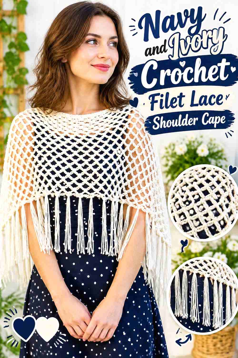 10. Navy And Ivory Crochet Filet Lace Shoulder Cape