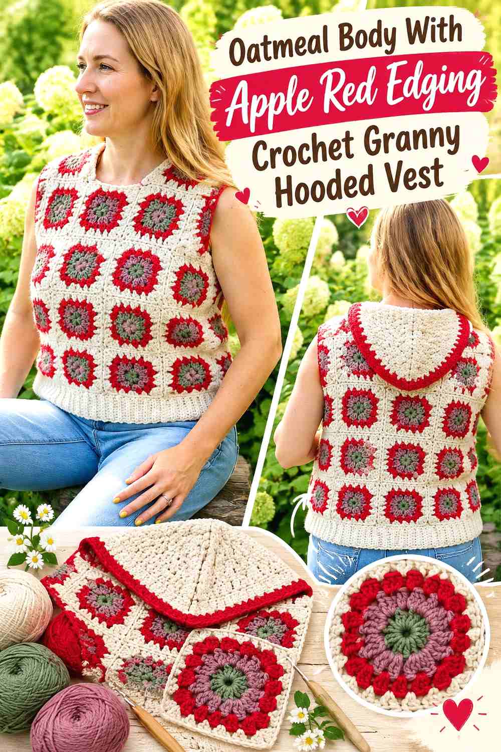 13. Oatmeal Body With Apple Red Edging Crochet Granny Hooded Vest