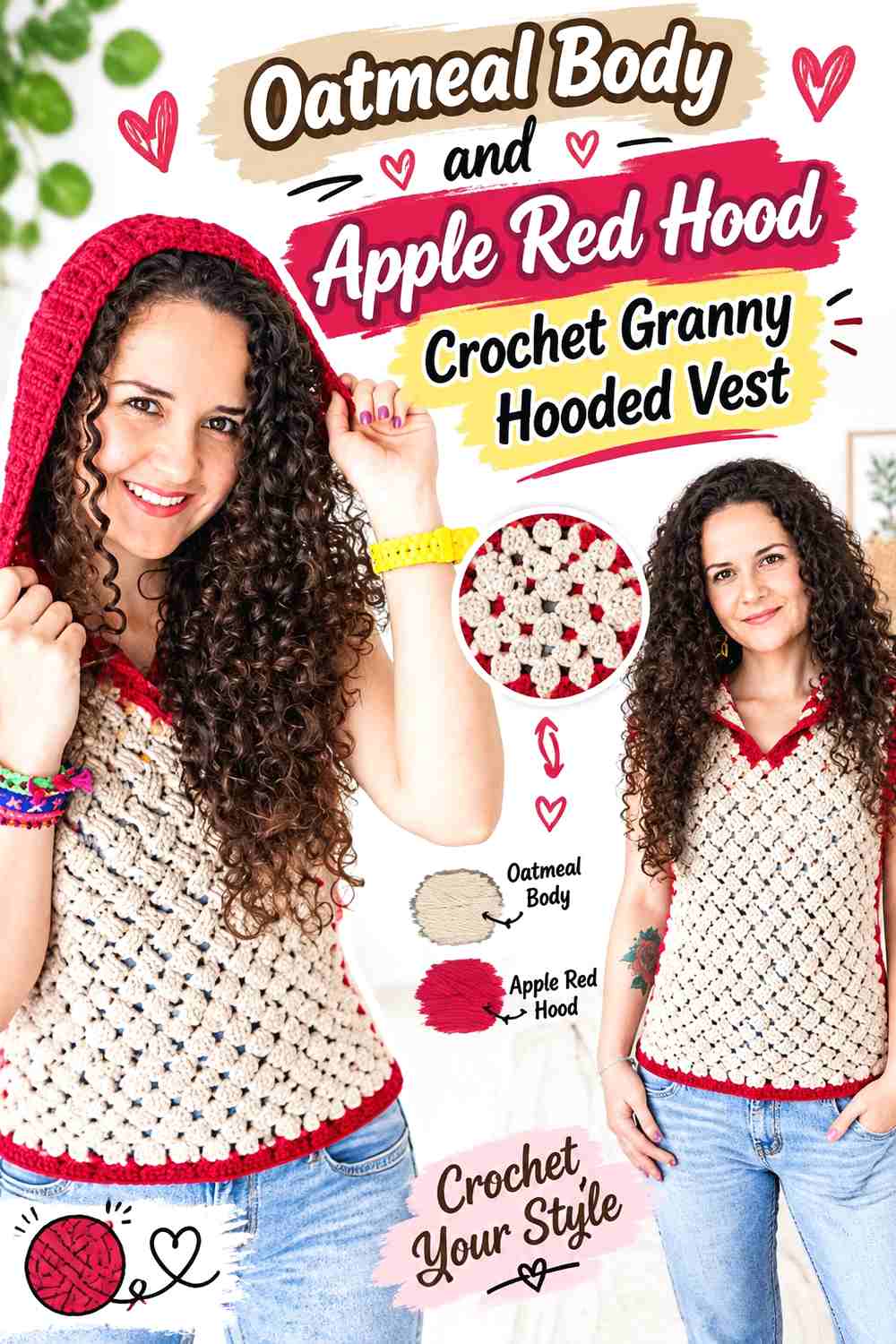 2. Oatmeal Body and Apple Red Hood Crochet Granny Hooded Vest