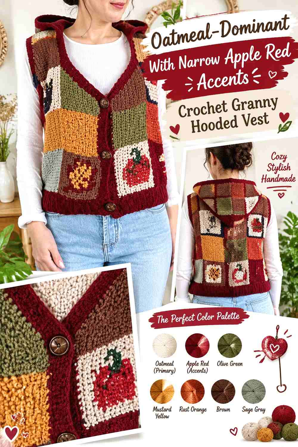 17. Oatmeal-Dominant With Narrow Apple Red Accents Crochet Granny Hooded Vest
