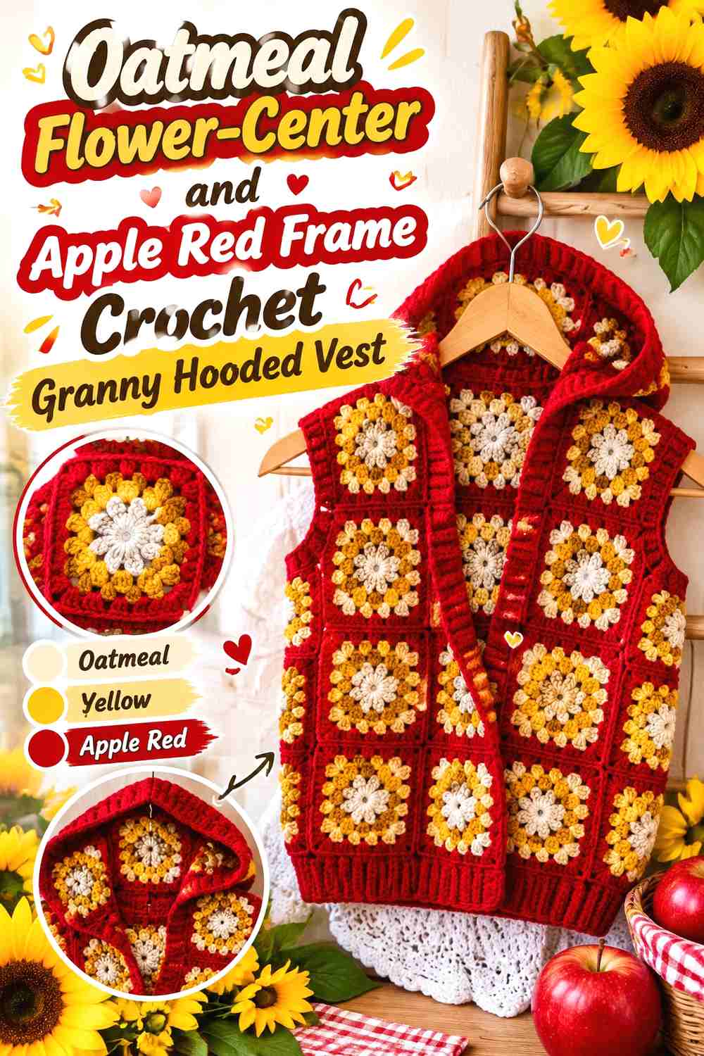 16. Oatmeal Flower-Center and Apple Red Frame Crochet Granny Hooded Vest