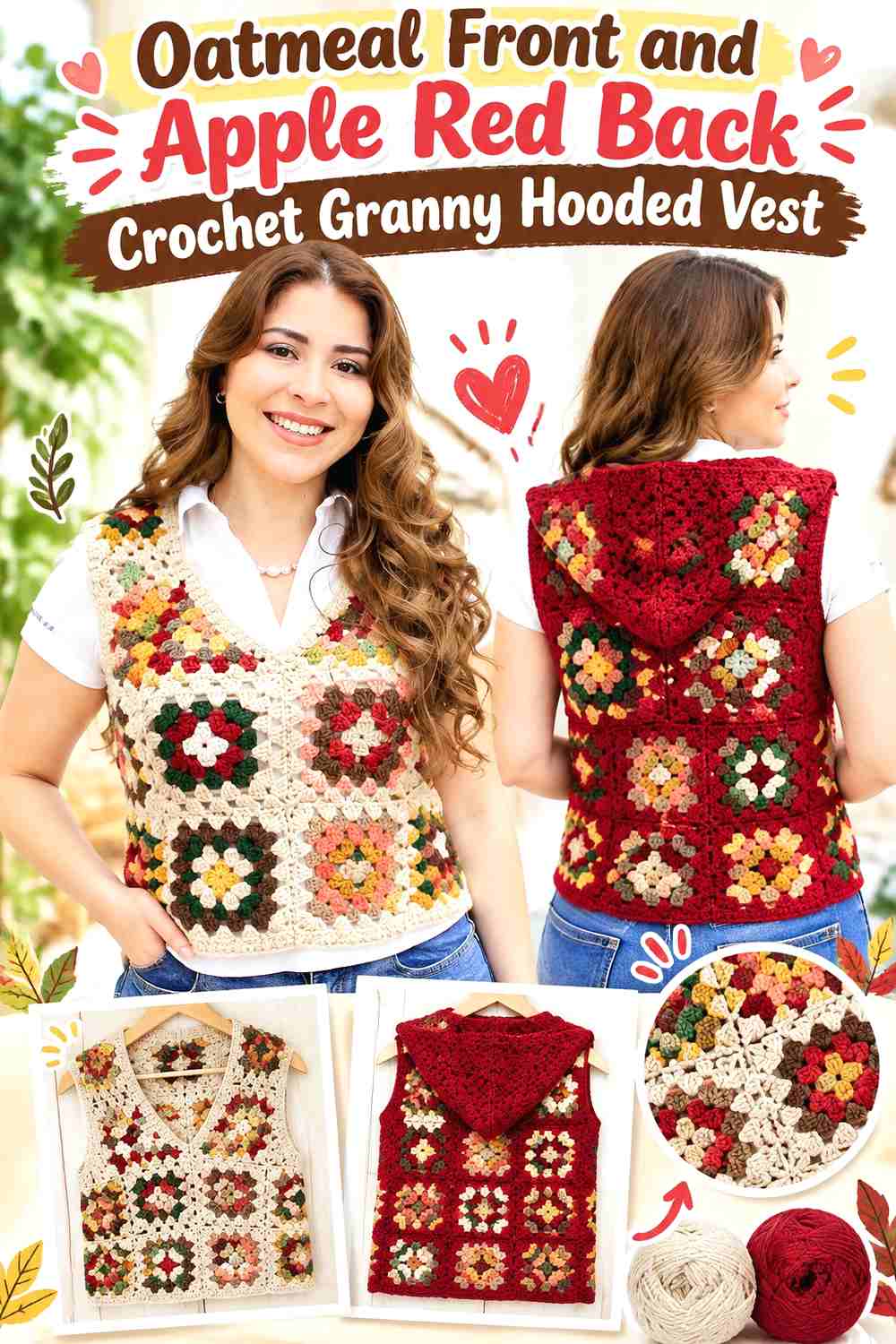 12. Oatmeal Front and Apple Red Back Crochet Granny Hooded Vest