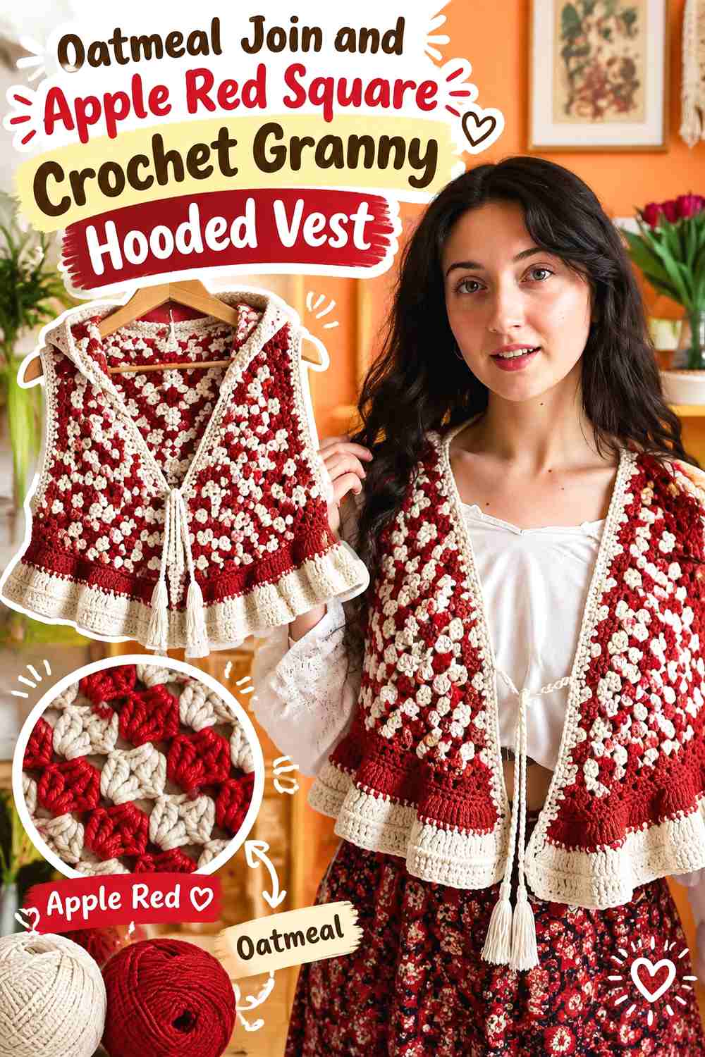 7. Oatmeal Join and Apple Red Square Crochet Granny Hooded Vest