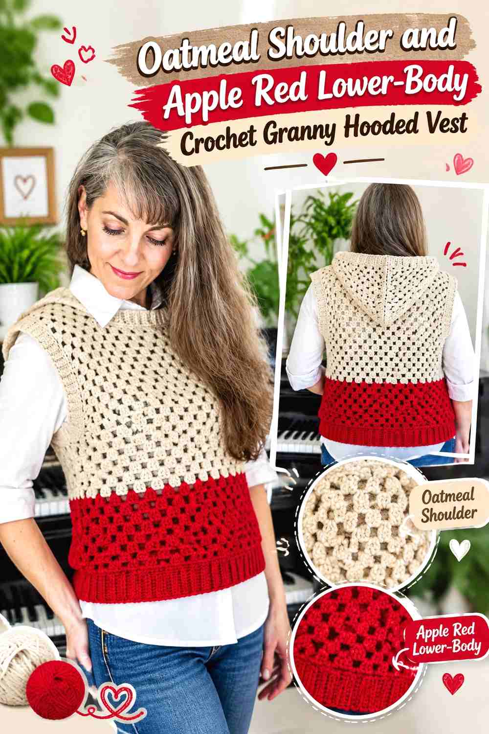 9. Oatmeal Shoulder and Apple Red Lower-Body Crochet Granny Hooded Vest