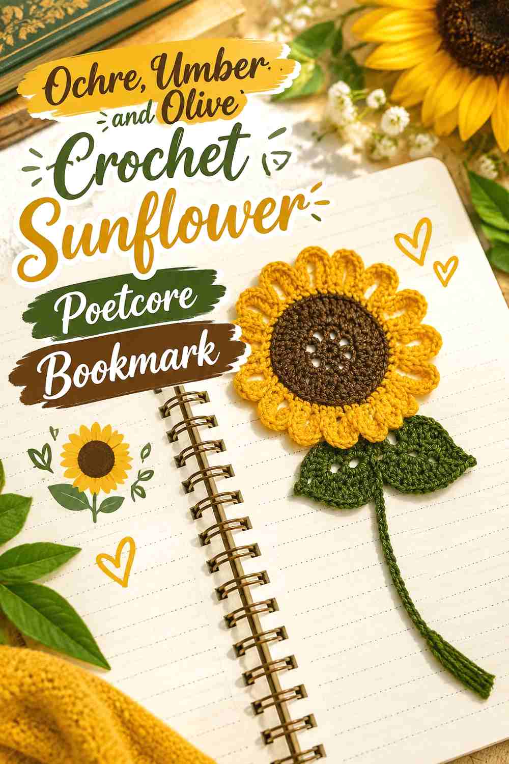 5. Ochre Umber And Olive Crochet Sunflower Poetcore Bookmark